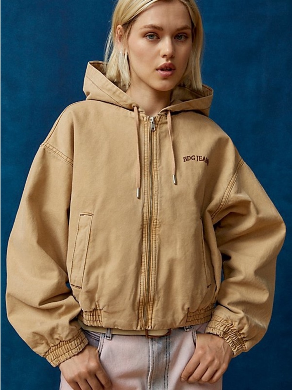 BDG Tan Hooded Zip Bomber Jacket